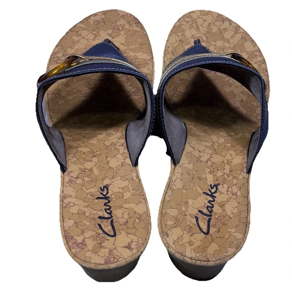 Clarks Women's Yacht Anchor Cork Wedge Flip Flop Sandals Size 10M Blue With‎ Box